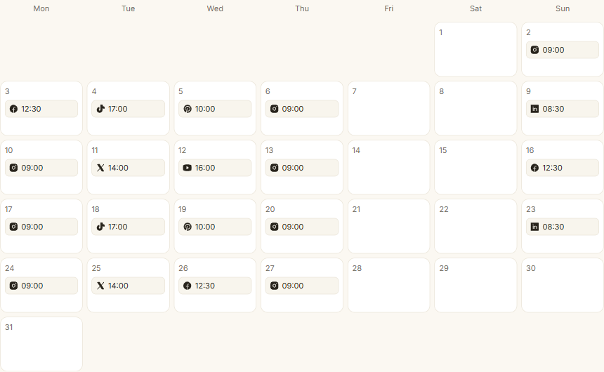 The Beesnis post calendar for a month, with posts scheduled on most weekdays across Instagram, Facebook, TikTok, LinkedIn, X, YouTube and Pinterest, each showing its platform mark and the time it goes out.